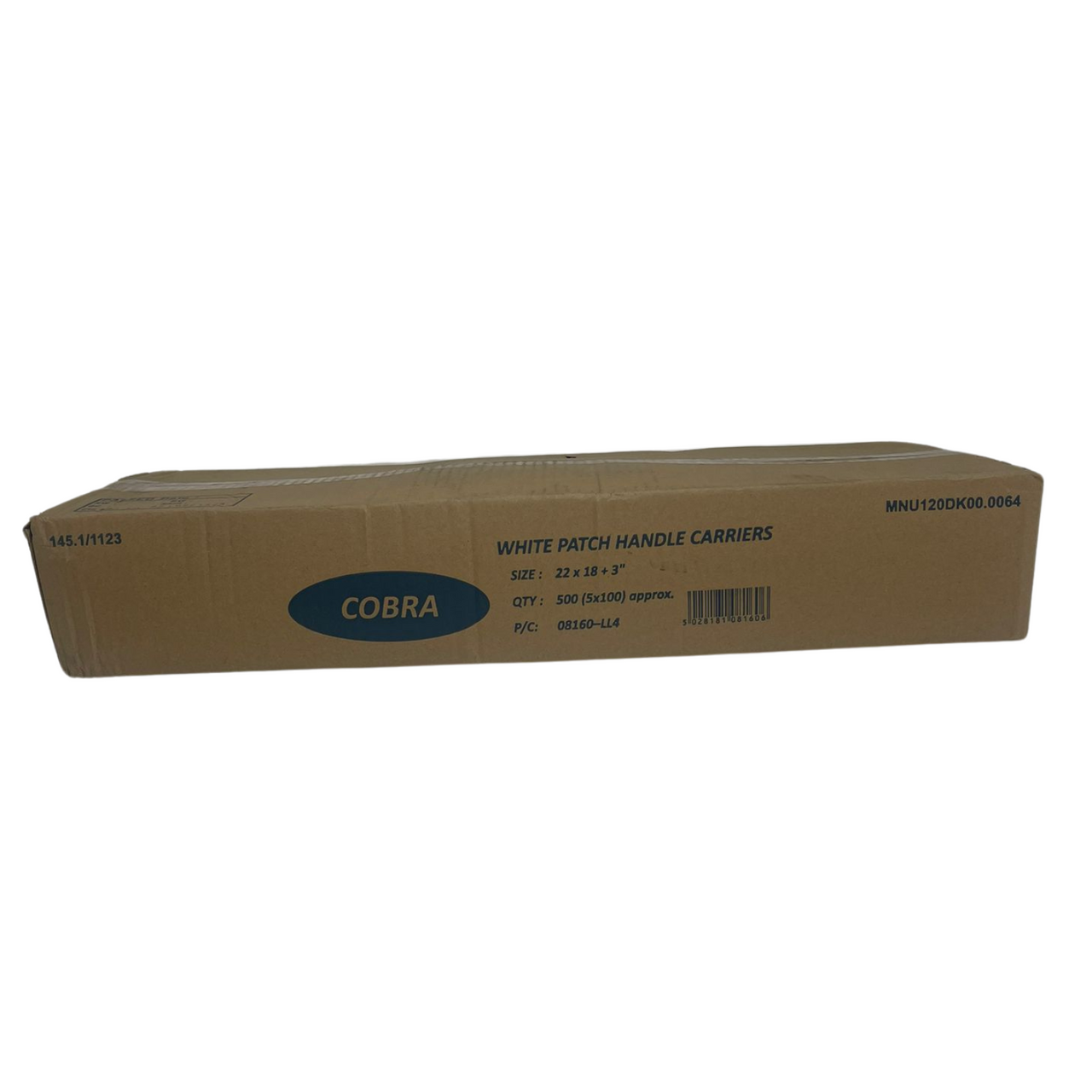 22" x 18" Strong White Patch Handle Plastic Carrier Bag with reinforced handles, available in packs of 100 or boxes of 500.