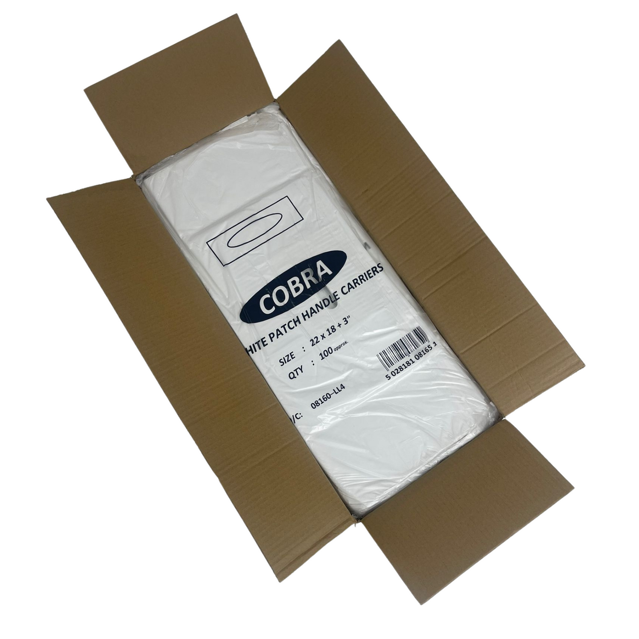 22" x 18" Strong White Patch Handle Plastic Carrier Bag with reinforced handles, available in packs of 100 or boxes of 500.