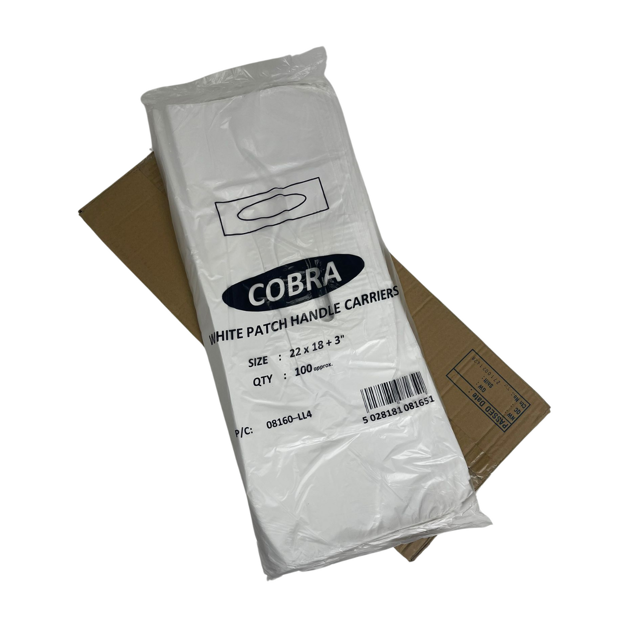 22" x 18" Strong White Patch Handle Plastic Carrier Bag with reinforced handles, available in packs of 100 or boxes of 500.