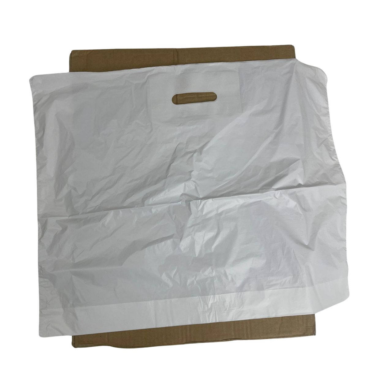 22" x 18" Strong White Patch Handle Plastic Carrier Bag with reinforced handles, available in packs of 100 or boxes of 500.