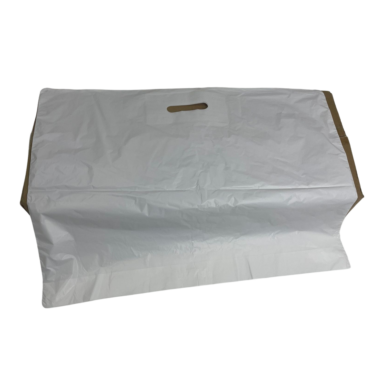 22" x 18" Strong White Patch Handle Plastic Carrier Bag with reinforced handles, available in packs of 100 or boxes of 500.