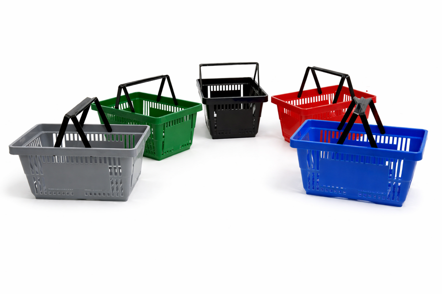 21 Litre Heavy Duty Retail Shopping Basket with Foldable Handles – Stackable Plastic Basket