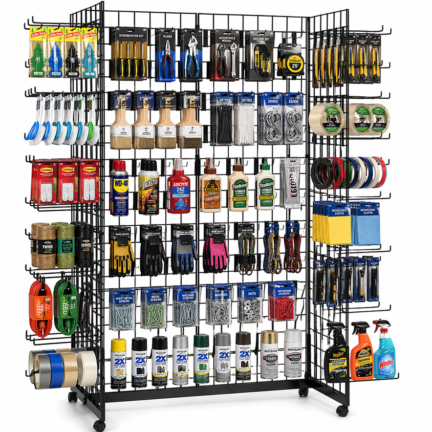 4ft Black Grid Mesh 'H' Stand Gondola Stand With 336x Single Hooks