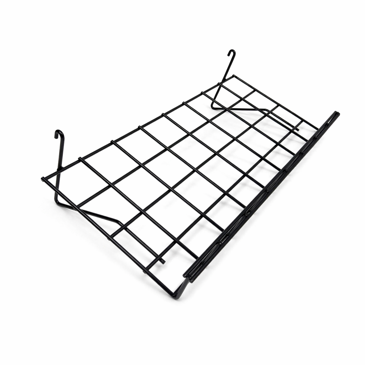 7ft Black 4-Way Grid Mesh Display Stand With 28 Shelves & Wheels