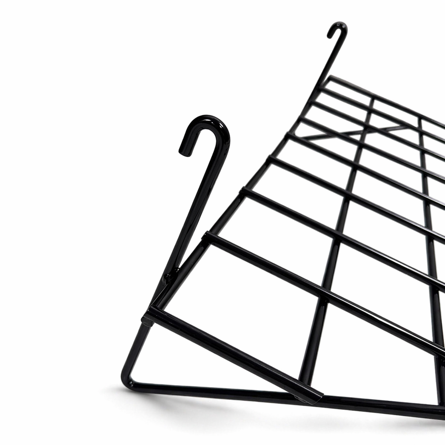 7ft Black 4-Way Grid Mesh Display Stand With 28 Shelves & Wheels