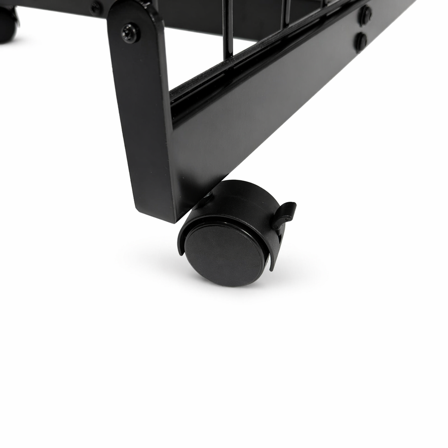 6ft Black 4-Way Grid Mesh Display Stand With 24 Shelves & Wheels