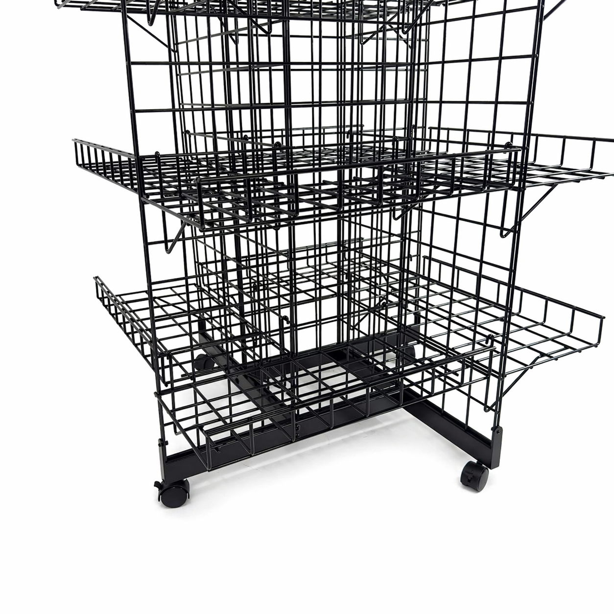 4ft Black 4-Way Grid Mesh Display Stand With 16 Shelves & Wheels
