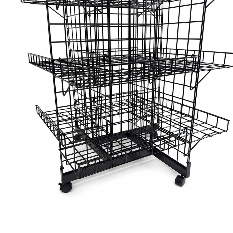 4ft Black 4-Way Grid Mesh Display Stand With 16 Shelves & Wheels