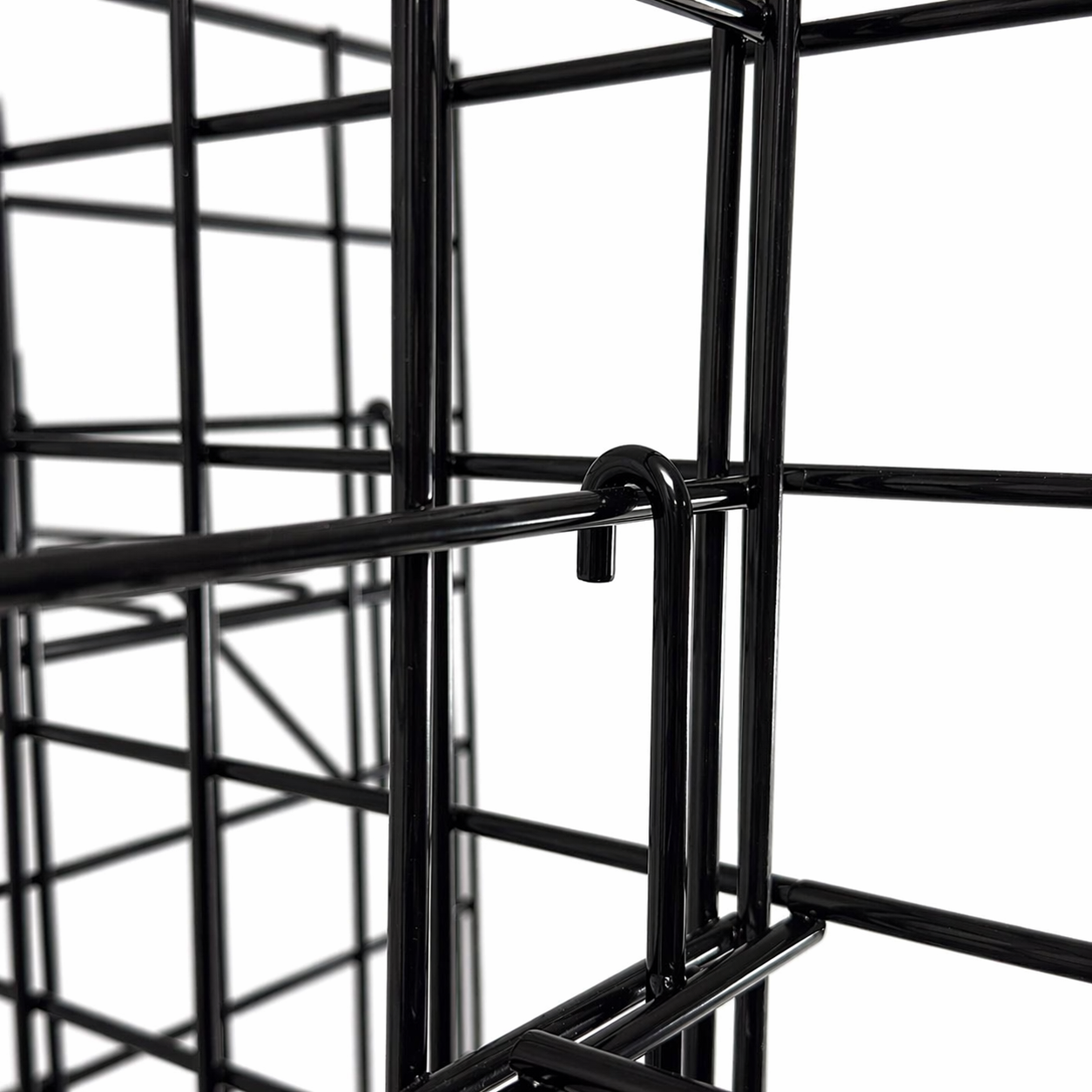 6ft Black 4-Way Grid Mesh Display Stand With 24 Shelves & Wheels