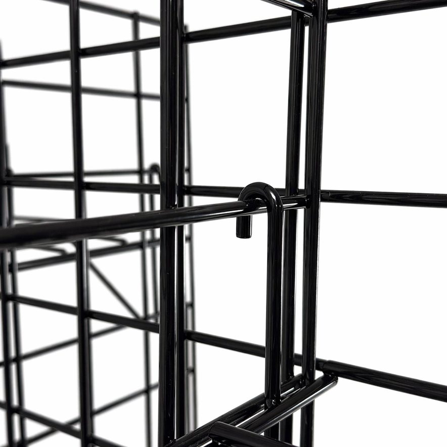 5ft Black 4-Way Grid Mesh Display Stand With 20 Shelves & Wheels