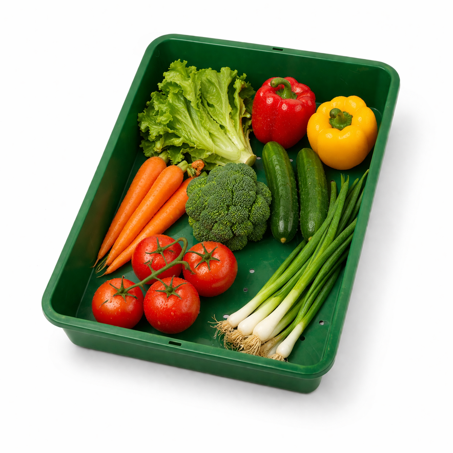 Heavy Duty Plastic Vegetable Tray for Retail Displays – Stackable Produce Display Tray with drain holes