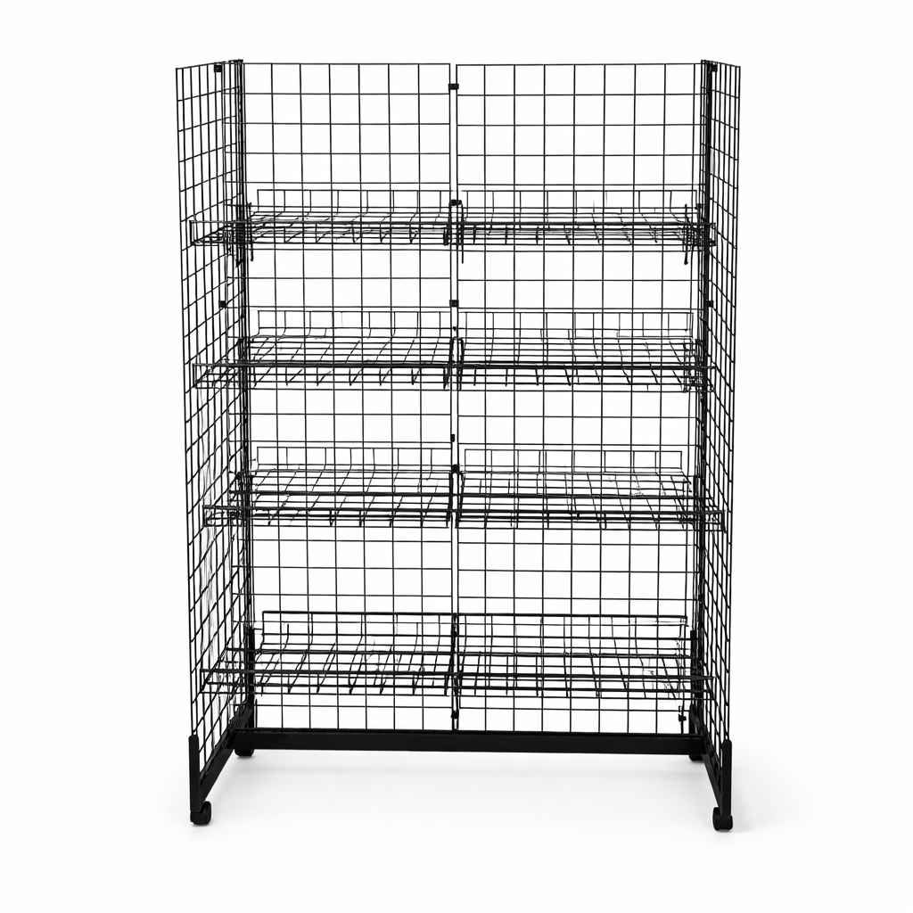 7ft H-Shape Grid Mesh Gondola Display Stand with Wheels – Double-Sided Retail Gridwall Merchandiser with Shelves