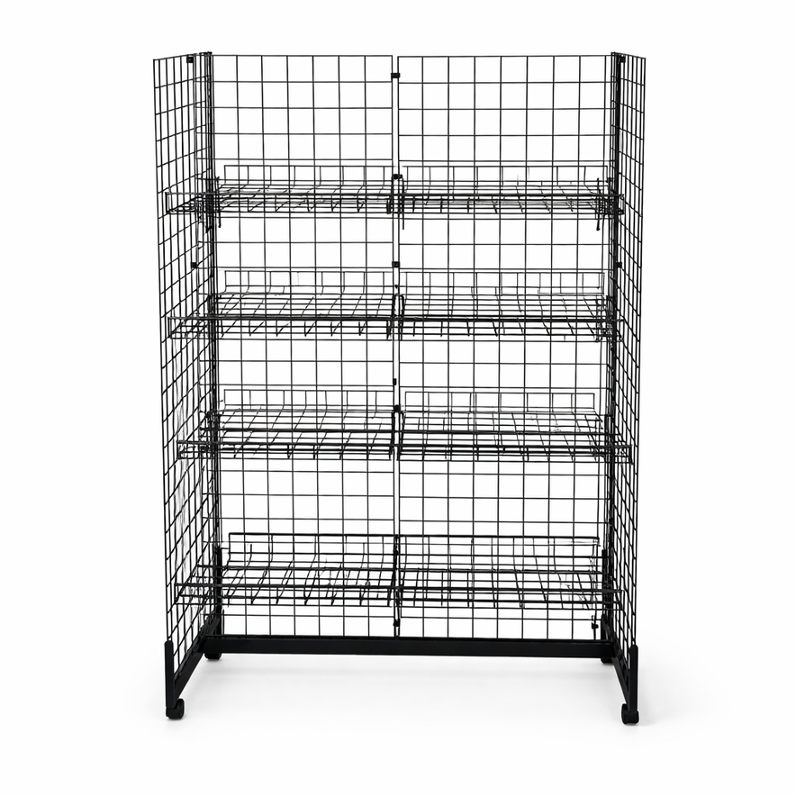 7ft H-Shape Grid Mesh Gondola Display Stand with Wheels – Double-Sided Retail Gridwall Merchandiser with Shelves