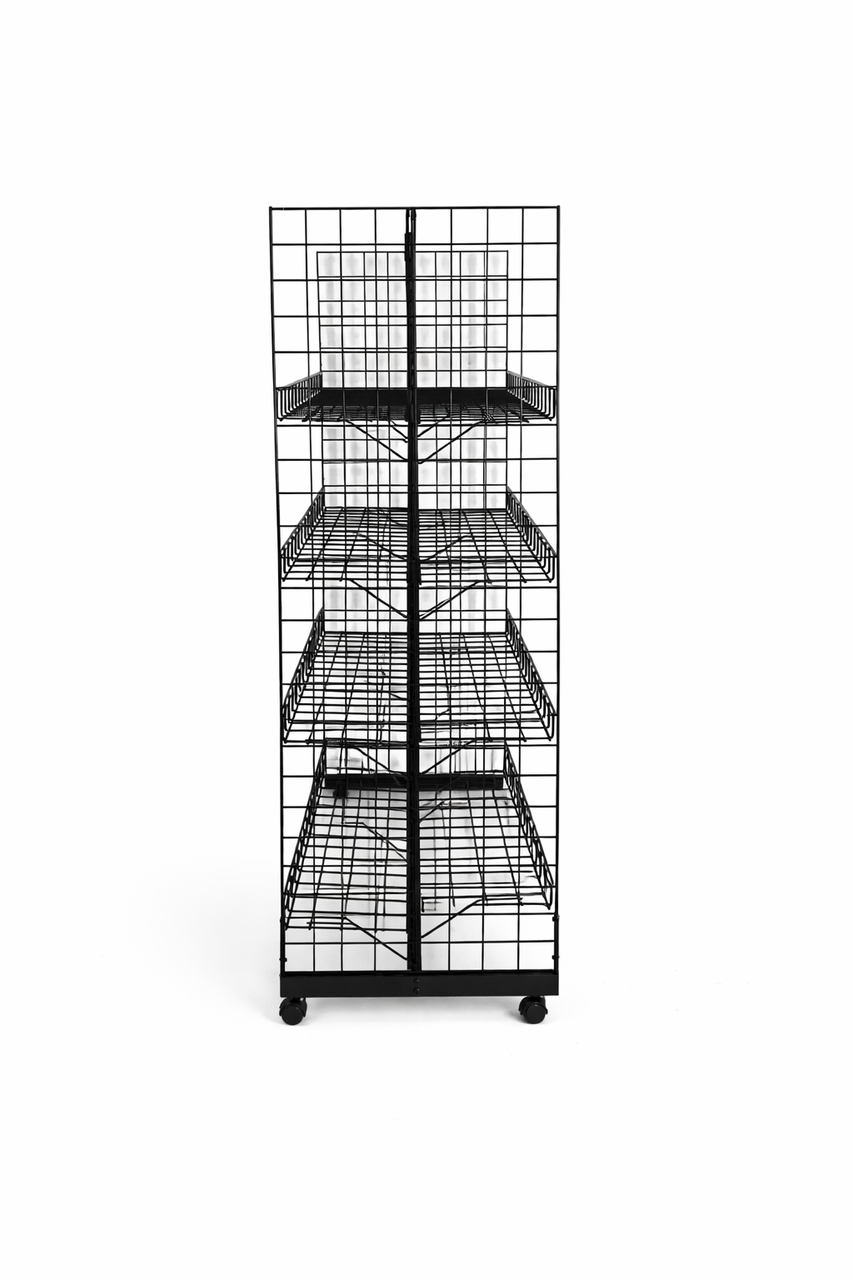 6ft H-Shape Grid Mesh Gondola Display Stand with Wheels – Double-Sided Retail Gridwall Merchandiser with Shelves