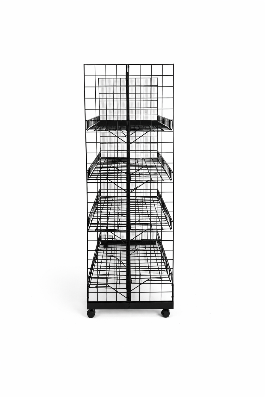 8ft H-Shape Grid Mesh Gondola Display Stand with Wheels – Double-Sided Retail Gridwall Merchandiser with Shelves