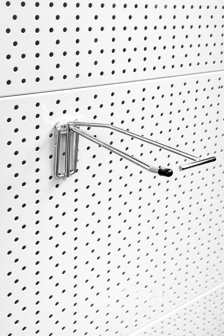 Heavy Duty Chrome Single Prong Pegboard Hook with Overhead Arm for Price Holder