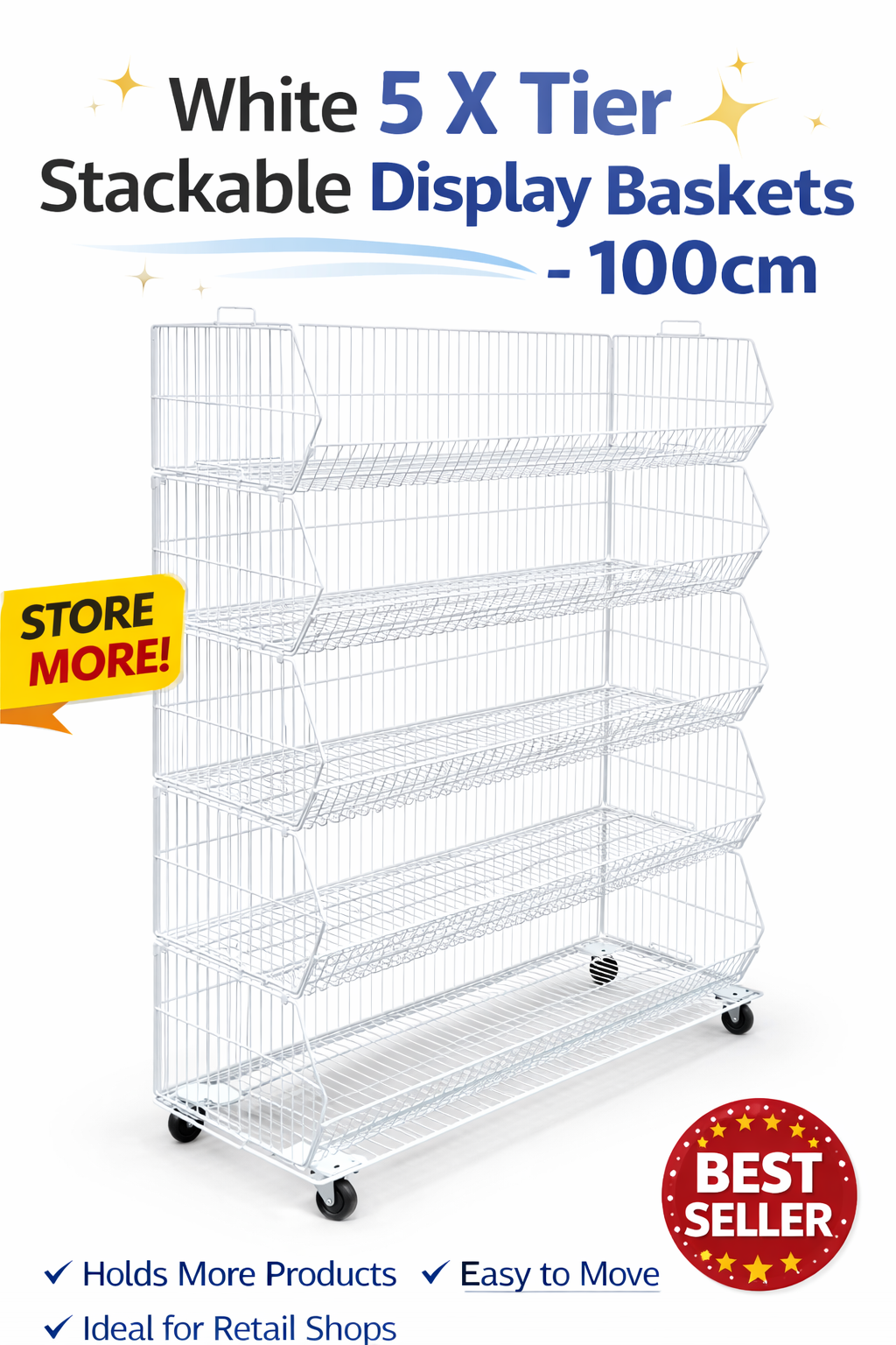 White 5 Tier Stackable Wire Basket Display Stand – 100cm