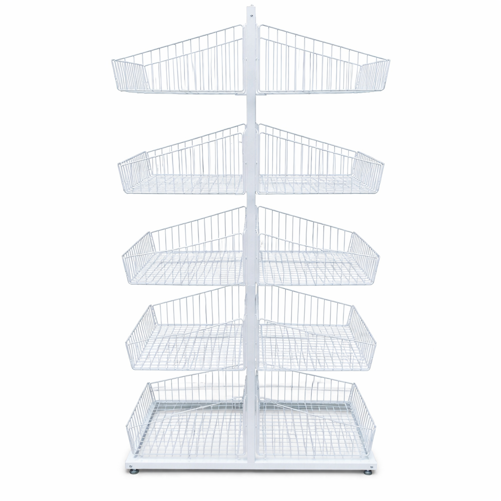 White 5-Tier Double-Sided Wire Basket Display Stand