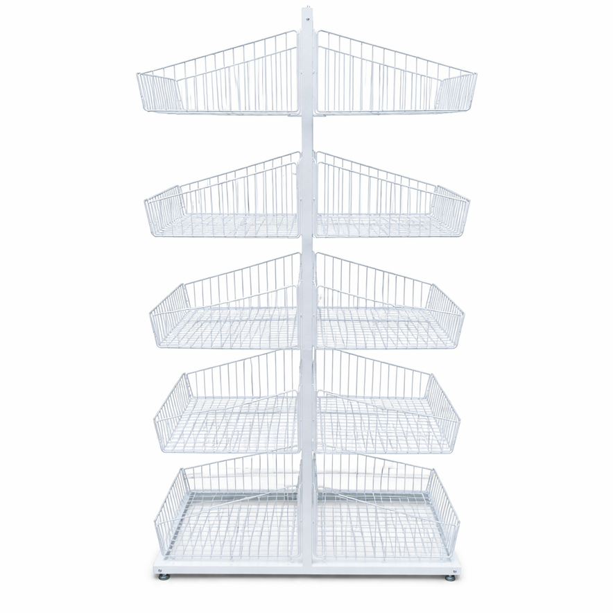 White 5-Tier Double-Sided Wire Basket Display Stand