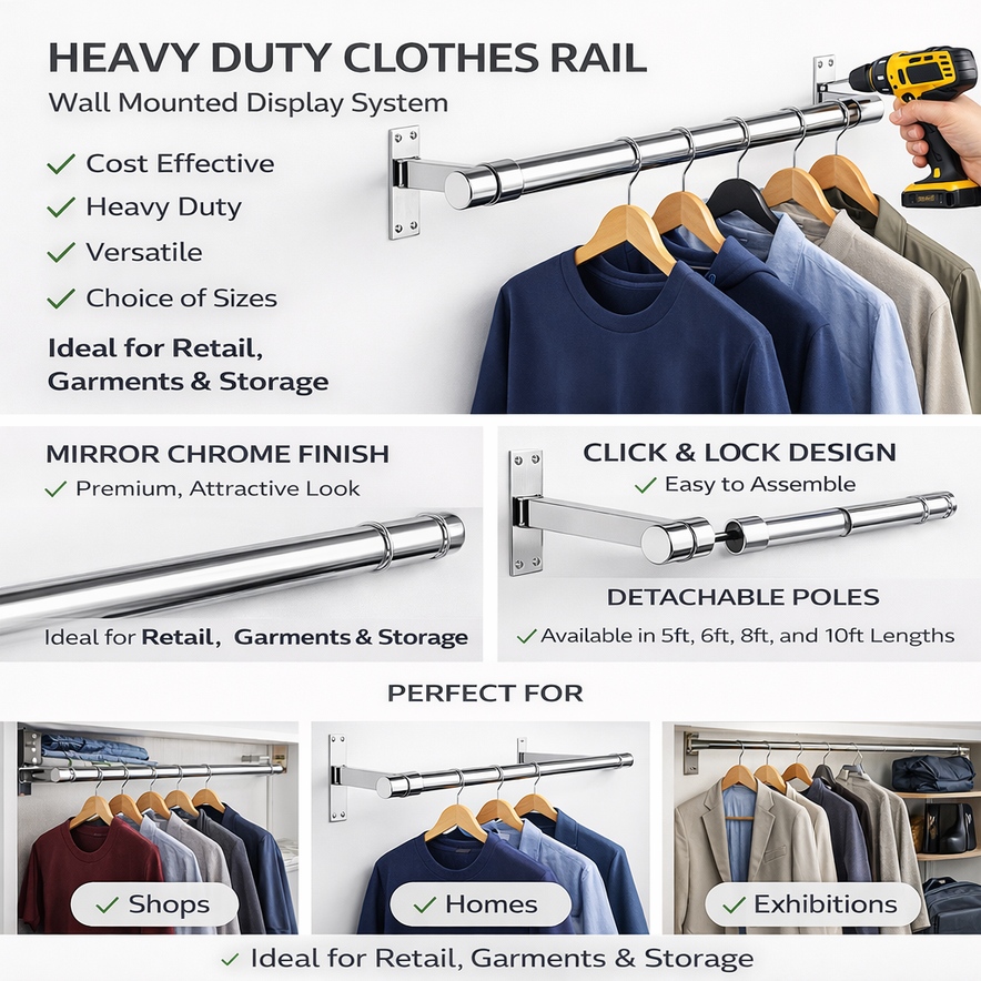 25mm Wall Mounted Clothes Rail Chrome Garment Hanging Bar