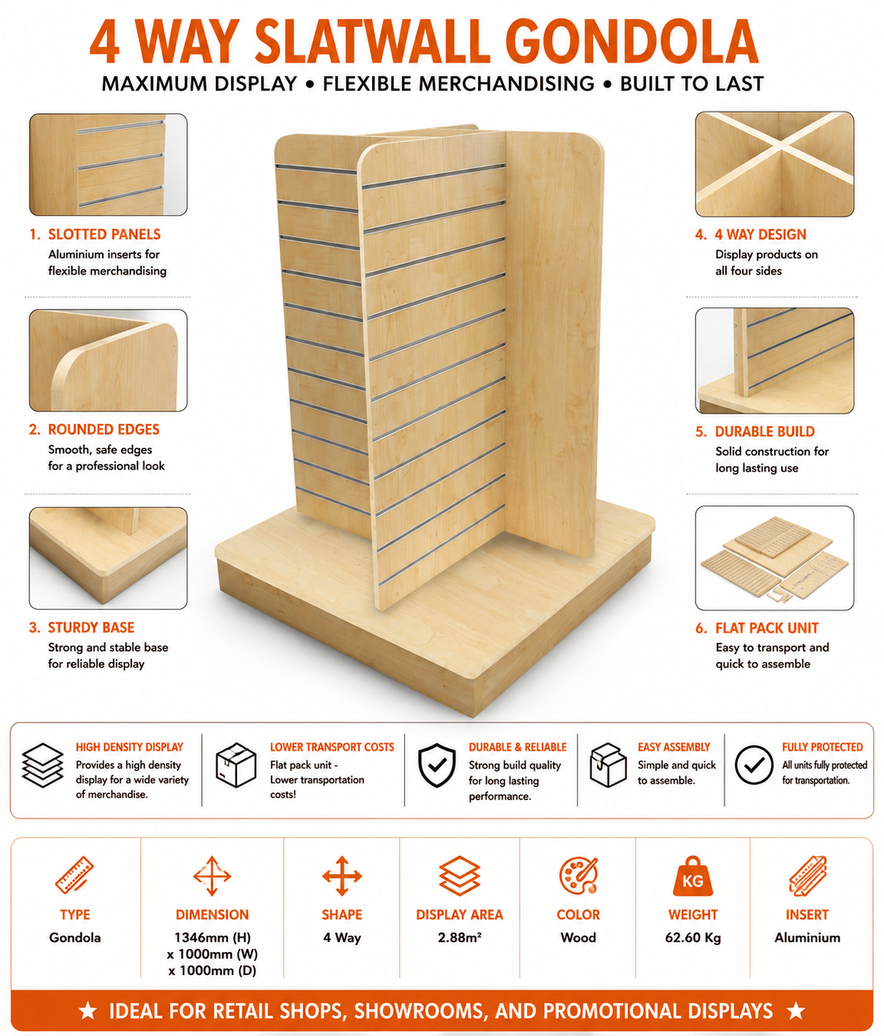 Maple 4-Way Slatwall Gondola Display Stand with Aluminium Inserts