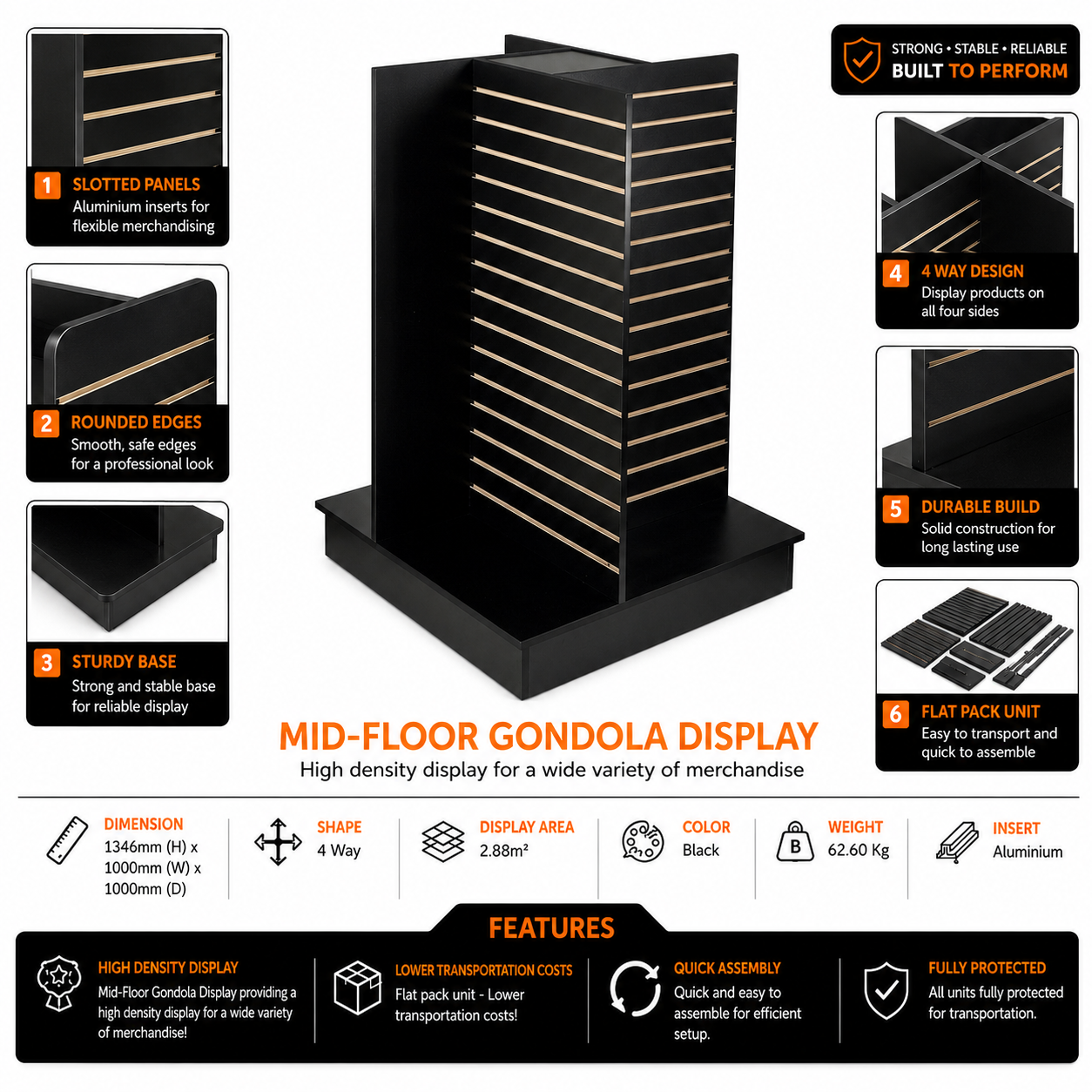 Black 4-Way Slatwall Gondola Display Stand with Aluminium Inserts