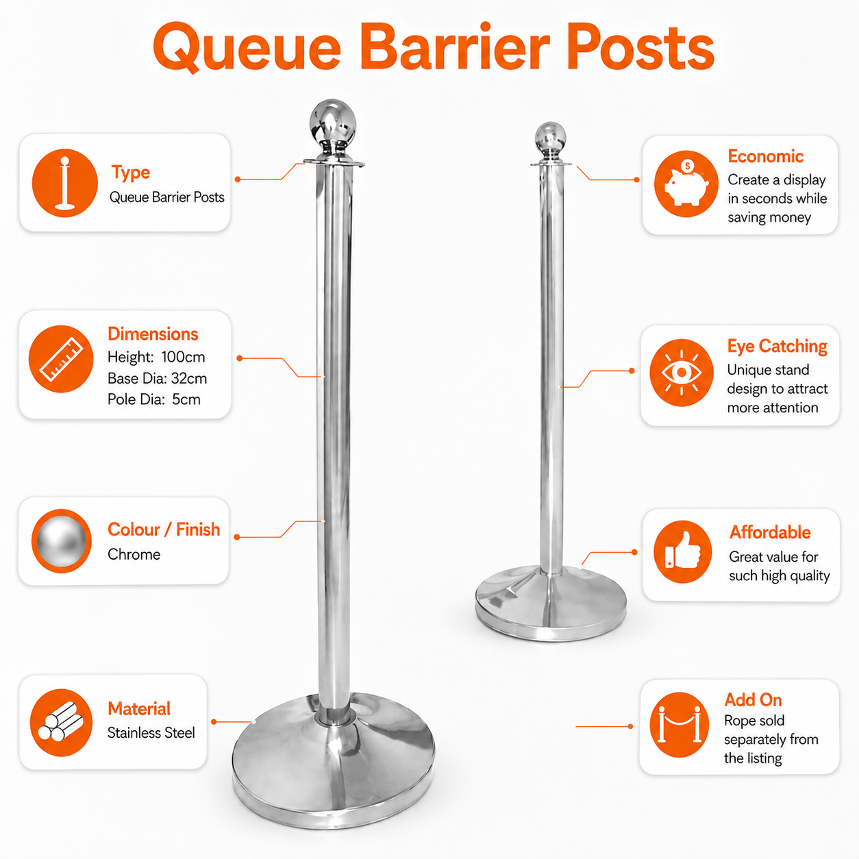 Premium Chrome Stainless Steel Queue Barrier Posts – Polished Crowd Control Stanchions