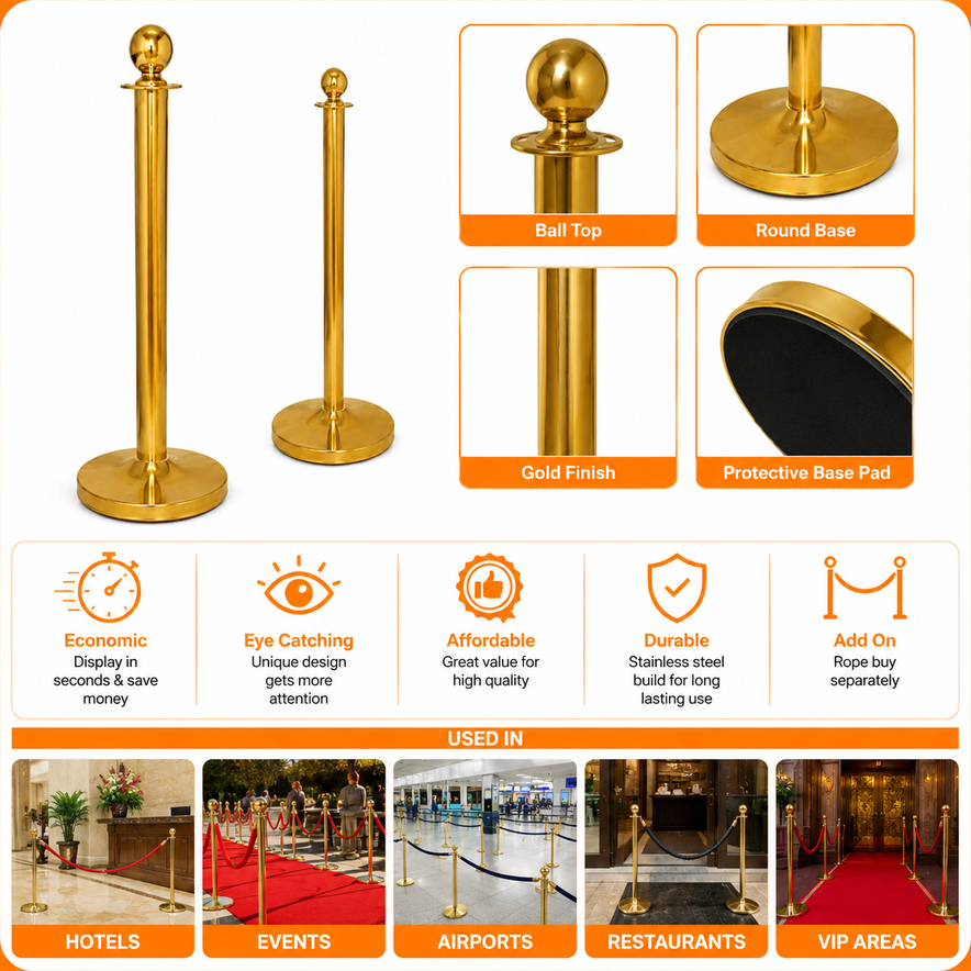 Premium Gold Stainless Steel Queue Barrier Post – Polished Crowd Control Stanchion