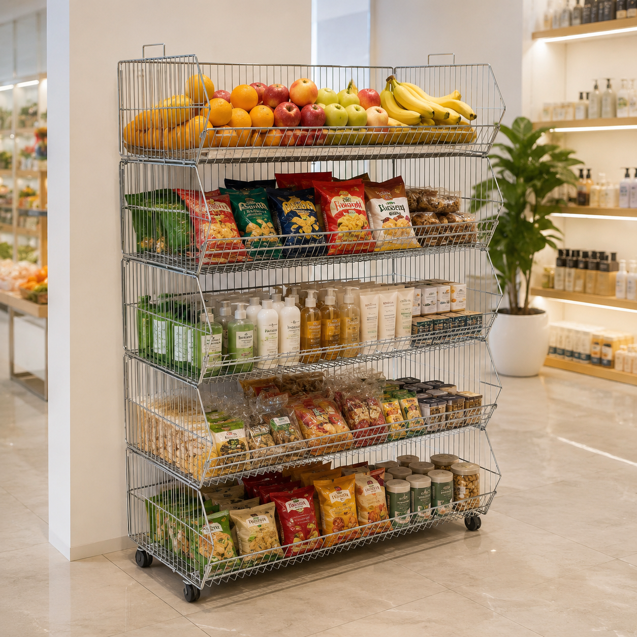 5 Tier Stackable Zinc Display Baskets – 100cm Retail Storage & Merchandising Stand