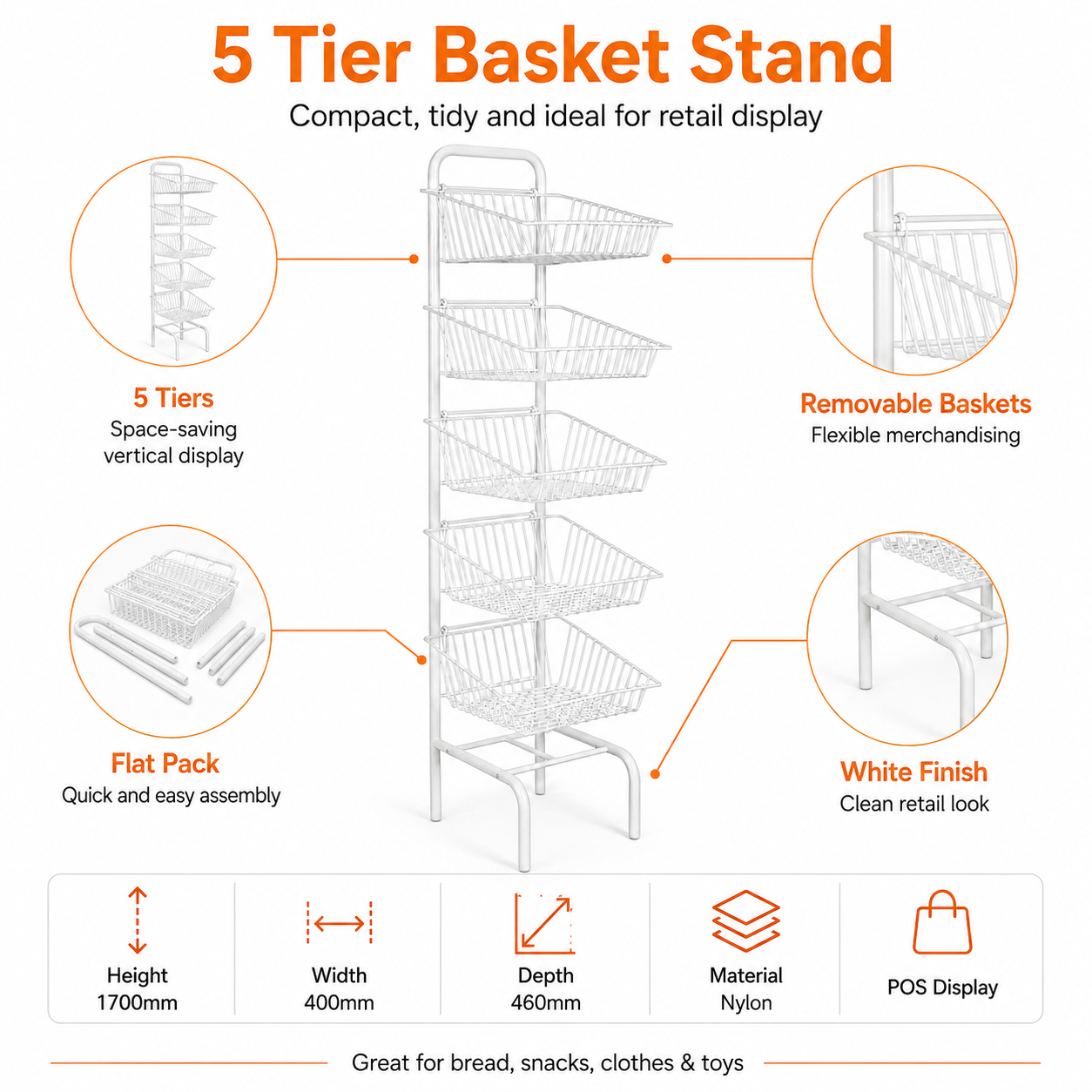 5 Tier Basket Stand White Shop Display for Bread, Snacks, Clothes or Toys
