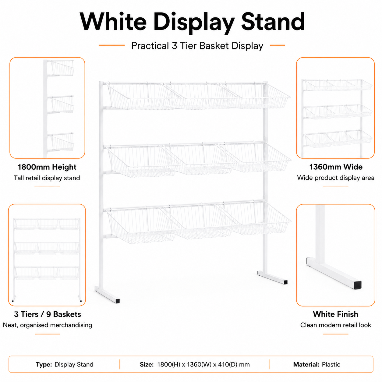 3 Tier Display Stand – 9 Basket Unit Stand White Shop Display for Bread, Snacks, Clothes or Toys