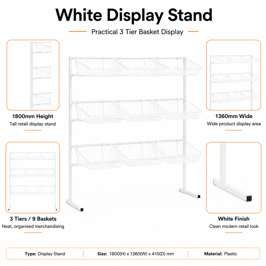 3 Tier Display Stand – 9 Basket Unit Stand White Shop Display for Bread, Snacks, Clothes or Toys