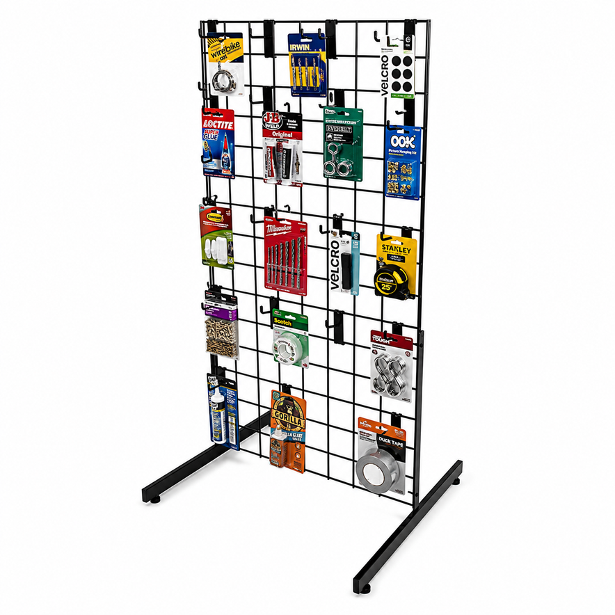 4ft Black Grid Mesh Panel Display Stand with T-Leg & 28 x 2" Single Prong Hooks