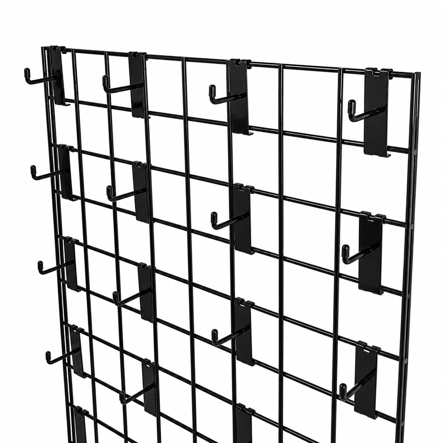 4ft Black Grid Mesh Panel Display Stand with T-Leg & 28 x 2" Single Prong Hooks