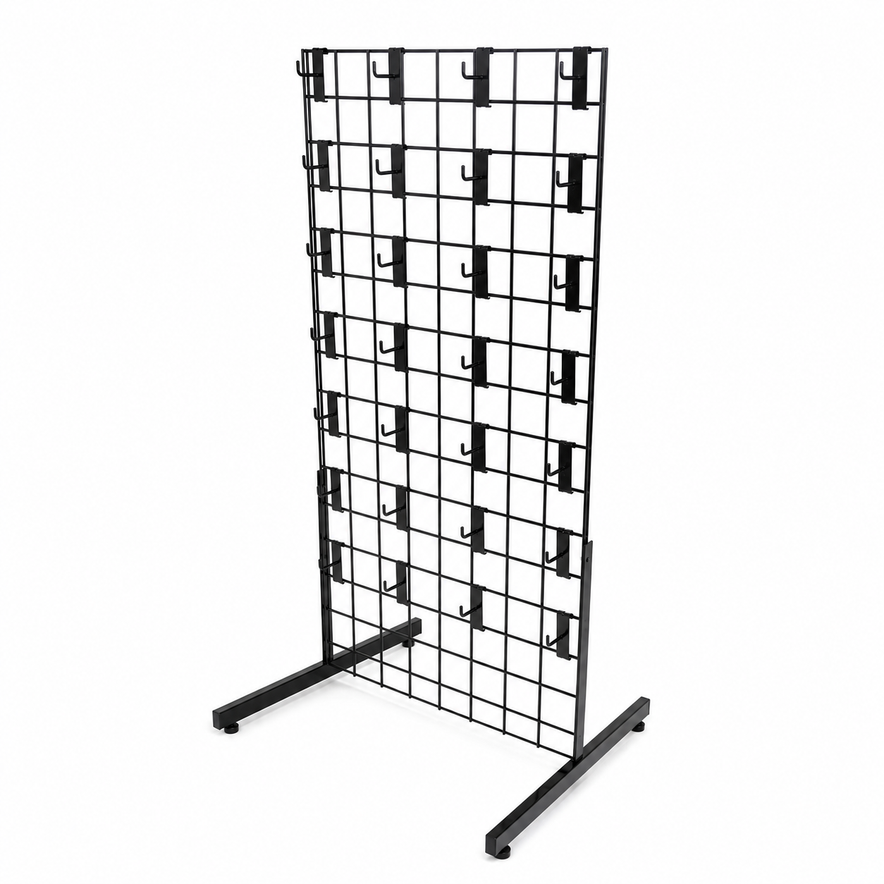 4ft Black Grid Mesh Panel Display Stand with T-Leg & 28 x 2" Single Prong Hooks