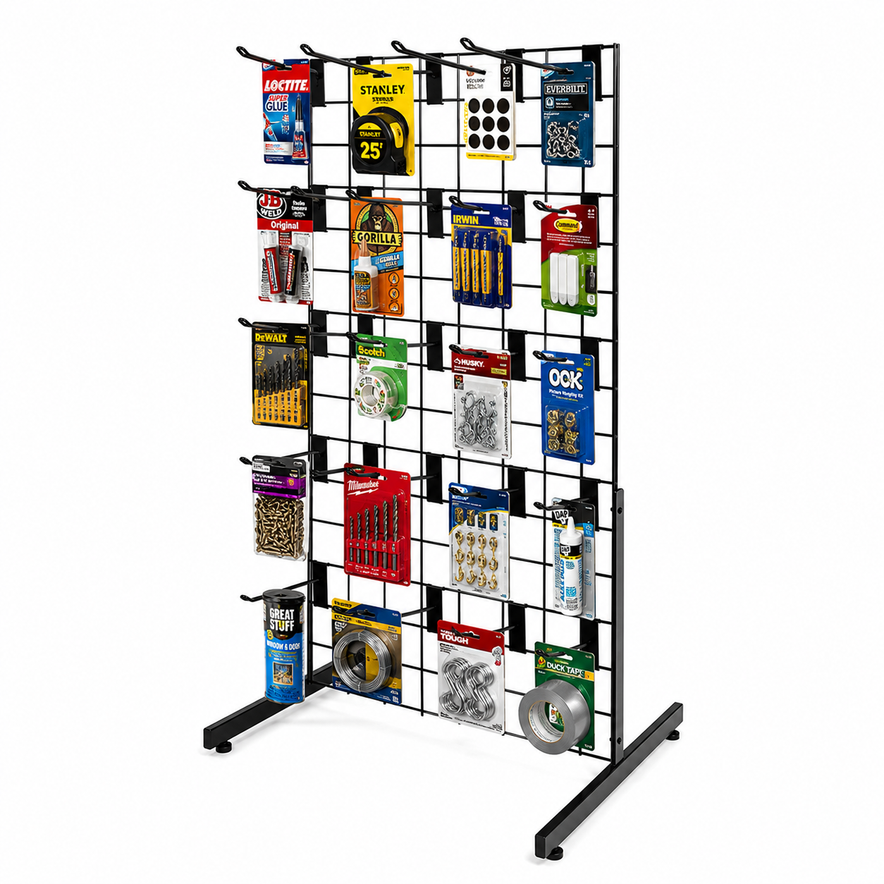 4ft Black Grid Mesh Panel Display Stand with T-Leg & 20 x 6" Euro Hooks