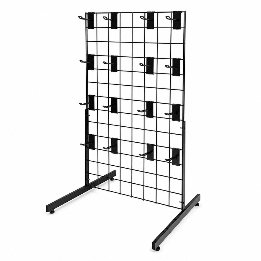 4ft Black Grid Mesh Panel Display Stand with T-Leg & 20 x 4" Euro Hooks