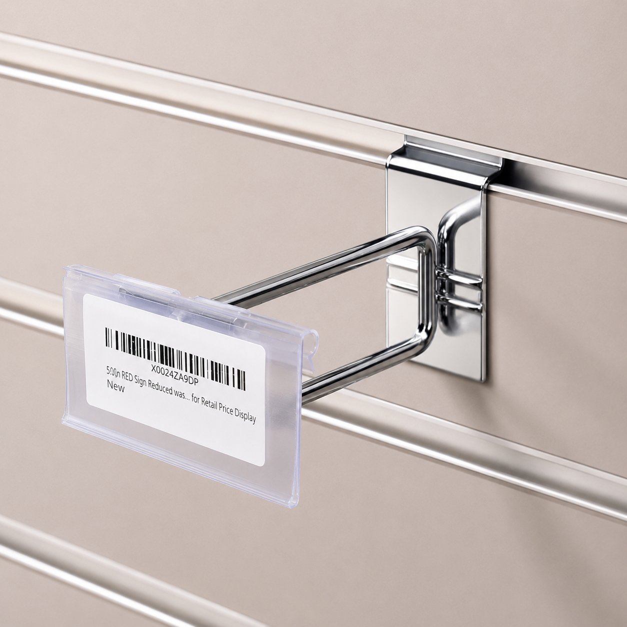 Heavy Duty Chrome Slatwall Single Prong Hook with Overhead Price Arm