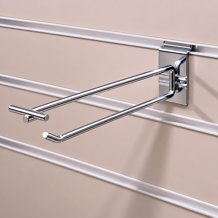 Heavy Duty Chrome Slatwall Single Prong Hook with Overhead Price Arm