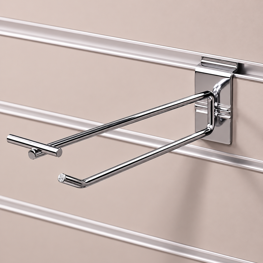 Heavy Duty Chrome Slatwall Single Prong Hook with Overhead Price Arm
