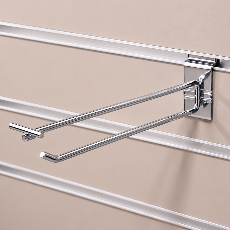 Heavy Duty Chrome Slatwall Single Prong Hook with Overhead Price Arm
