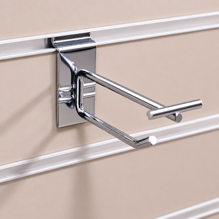 Heavy Duty Chrome Slatwall Single Prong Hook with Overhead Price Arm