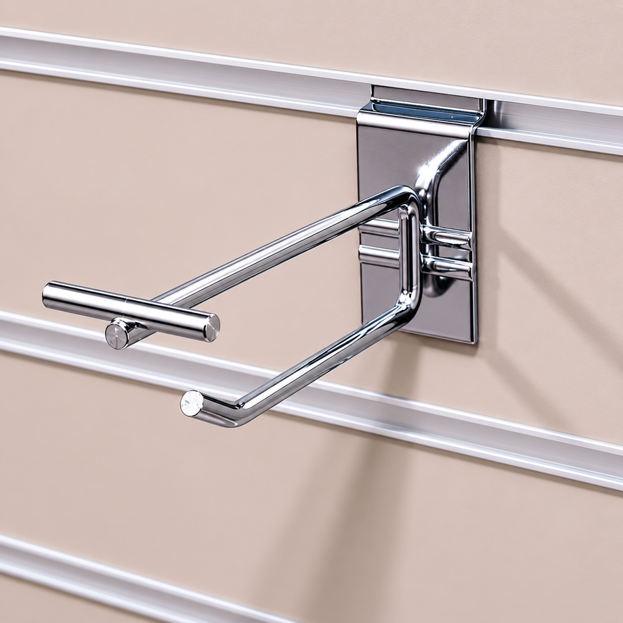 Heavy Duty Chrome Slatwall Single Prong Hook with Overhead Price Arm