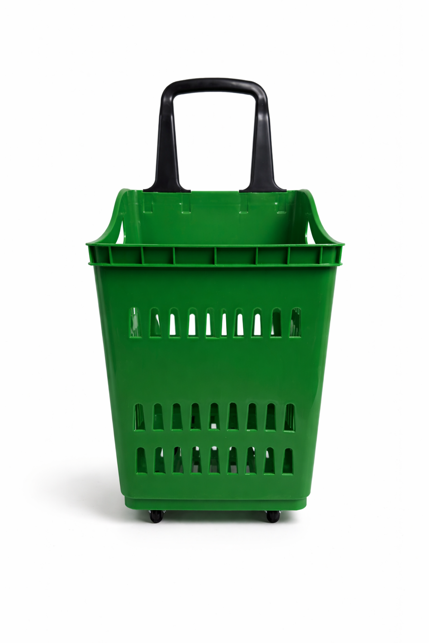 68L Shopping Basket with Wheels & Extendable Handle Plastic Rolling Retail Basket 5 Colours