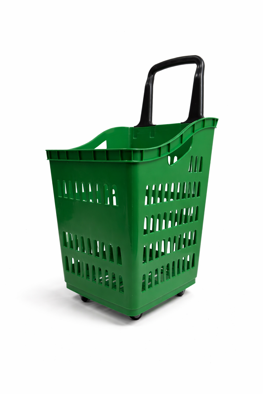 68L Shopping Basket with Wheels & Extendable Handle Plastic Rolling Retail Basket 5 Colours