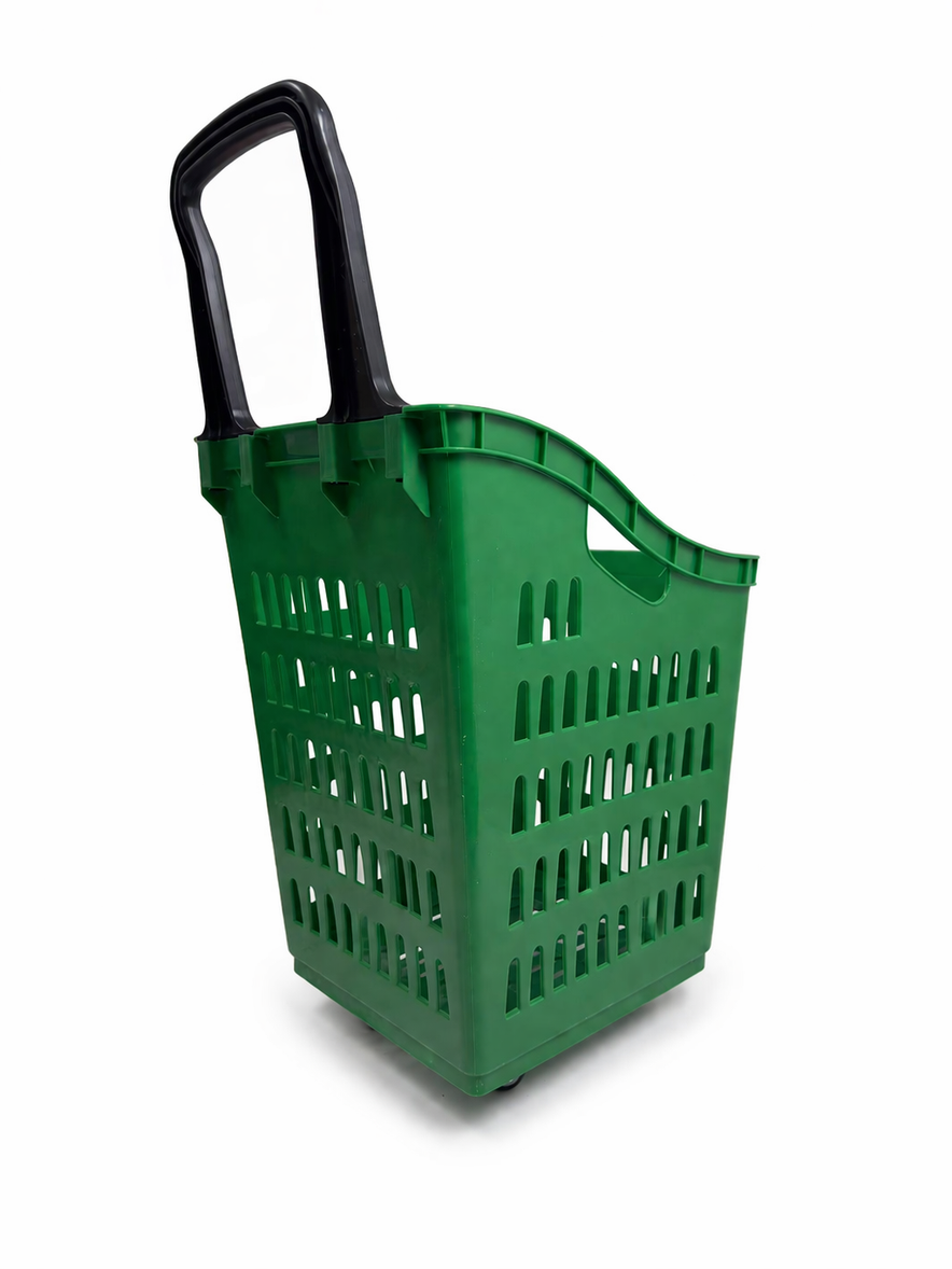 68L Shopping Basket with Wheels & Extendable Handle Plastic Rolling Retail Basket 5 Colours