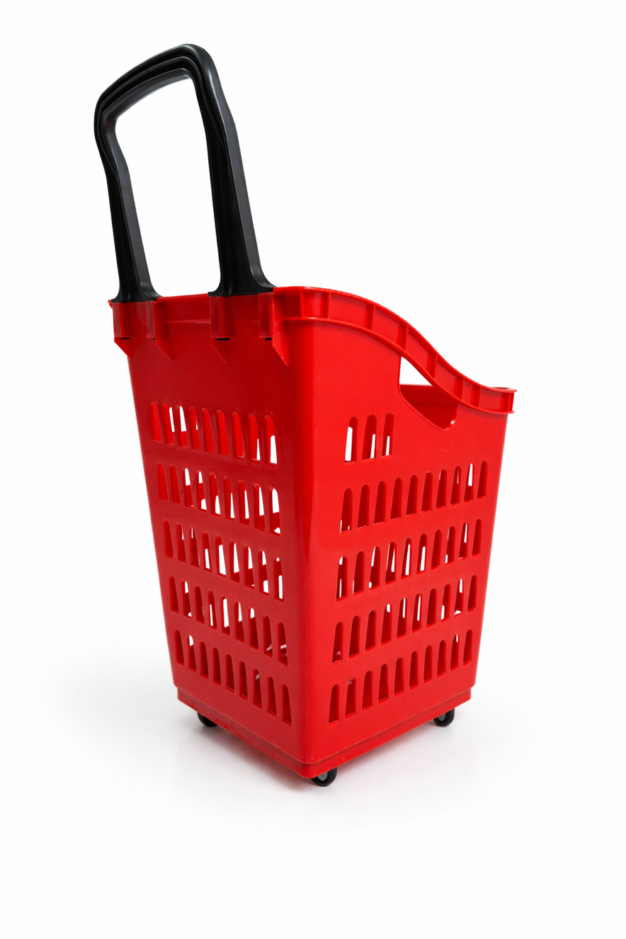 68L Shopping Basket with Wheels & Extendable Handle Plastic Rolling Retail Basket 5 Colours