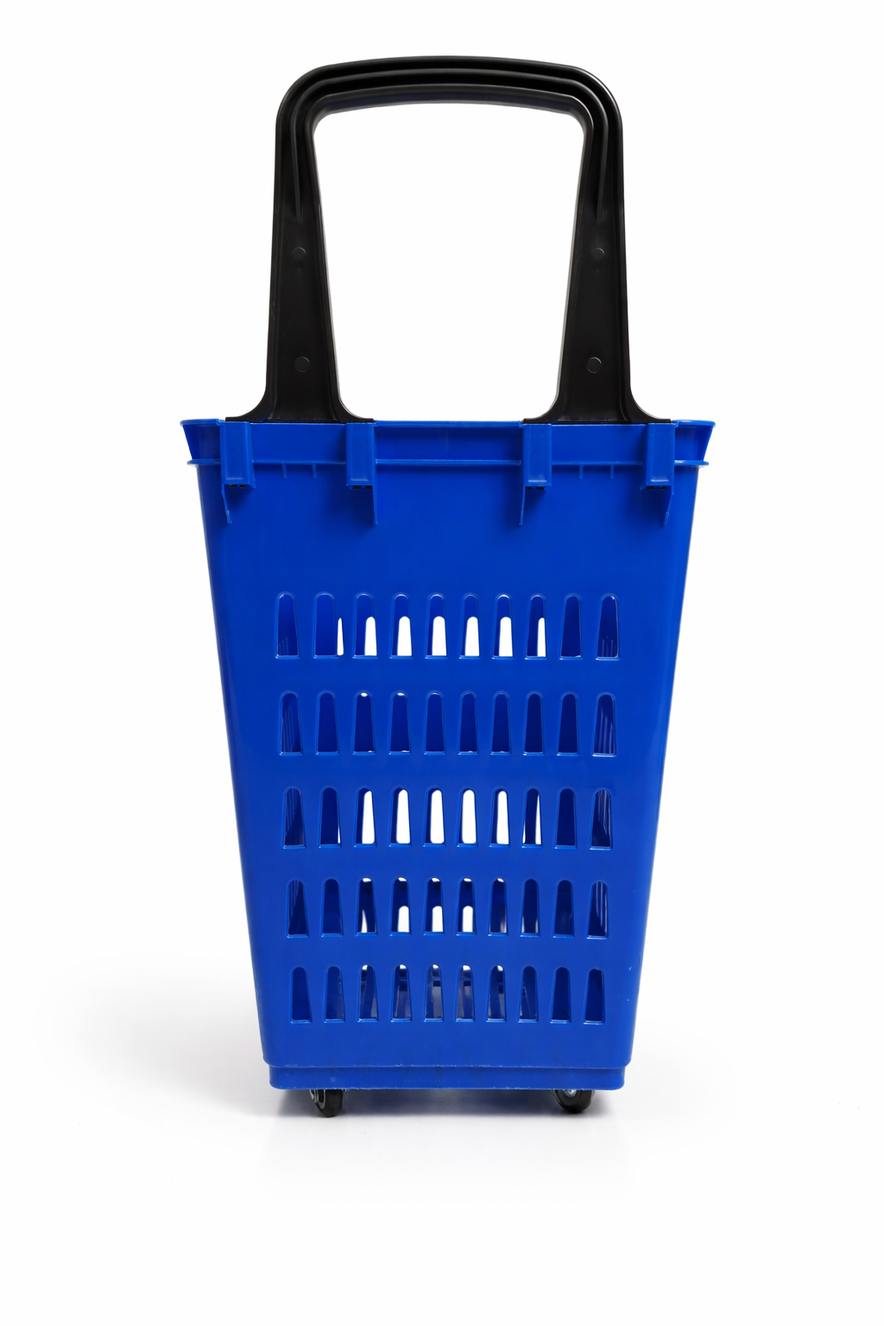 68L Shopping Basket with Wheels & Extendable Handle Plastic Rolling Retail Basket 5 Colours
