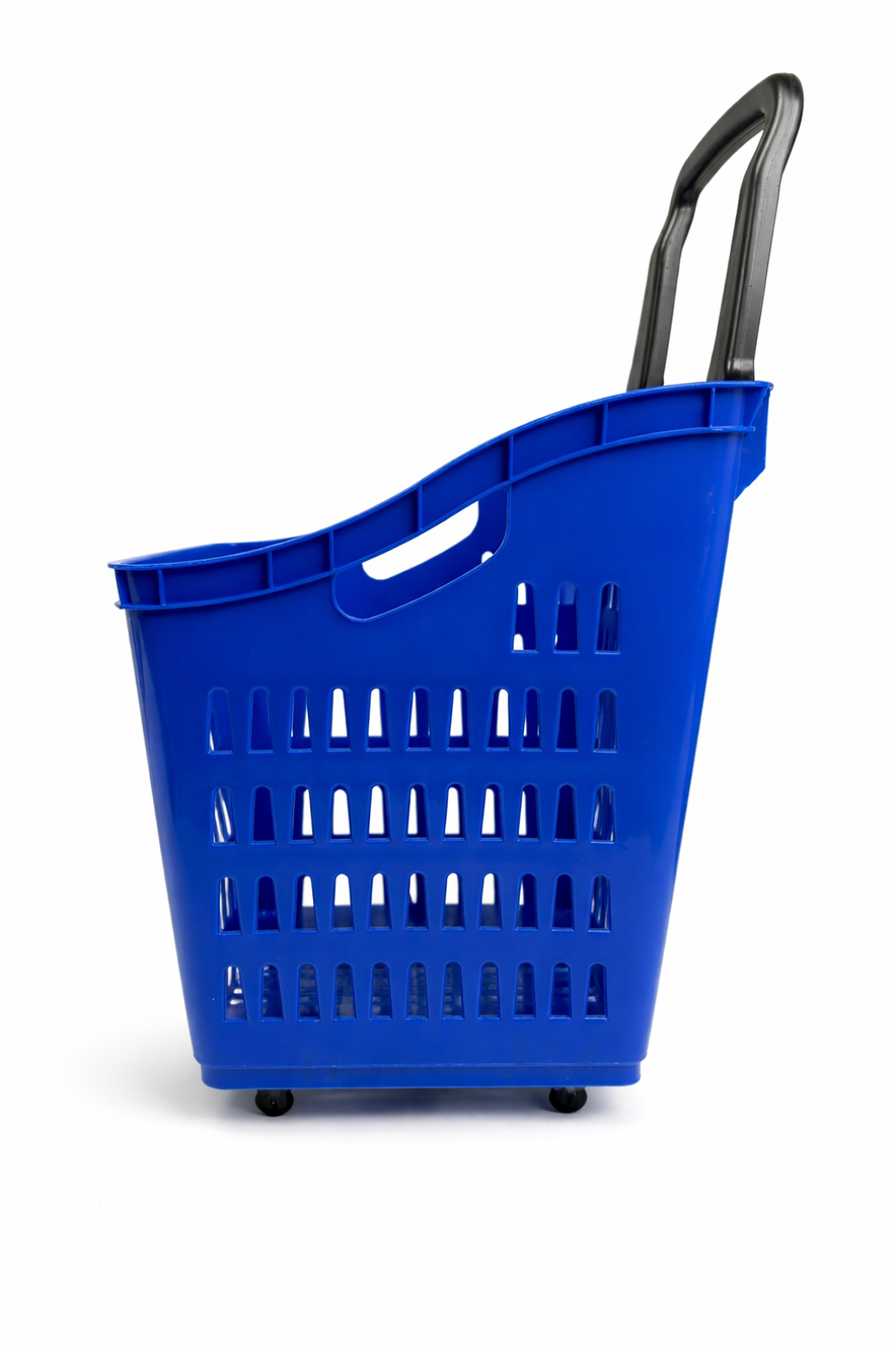 68L Shopping Basket with Wheels & Extendable Handle Plastic Rolling Retail Basket 5 Colours