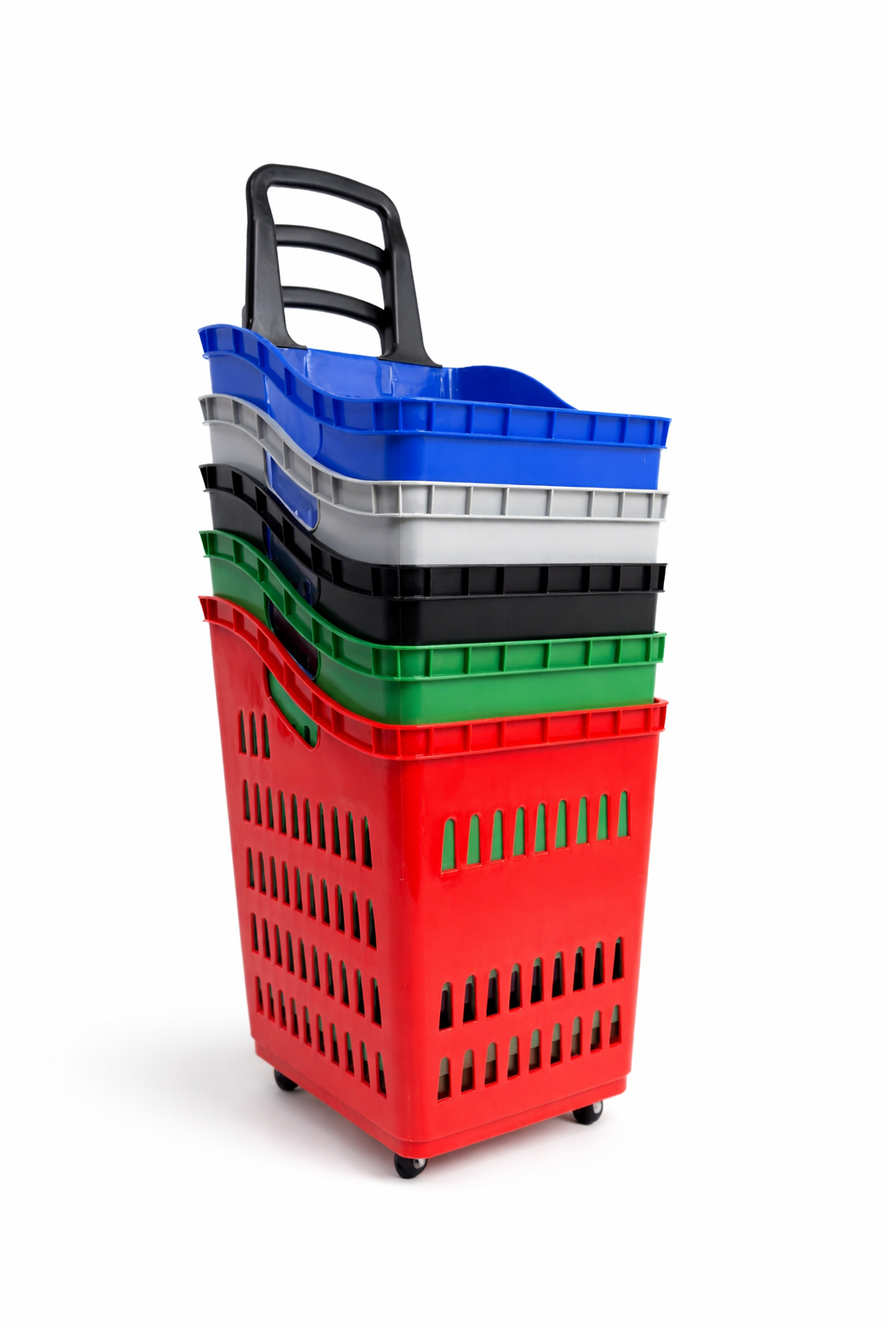68L Shopping Basket with Wheels & Extendable Handle Plastic Rolling Retail Basket 5 Colours